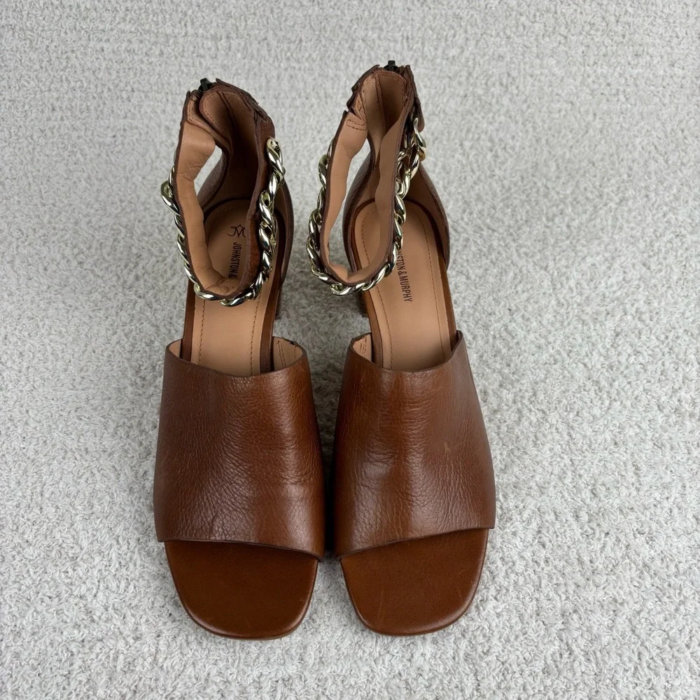 Johnston & Murphy Sandals Womens 9M Cognac Calfskin Evelyn Chain‎ Heeled Sandal